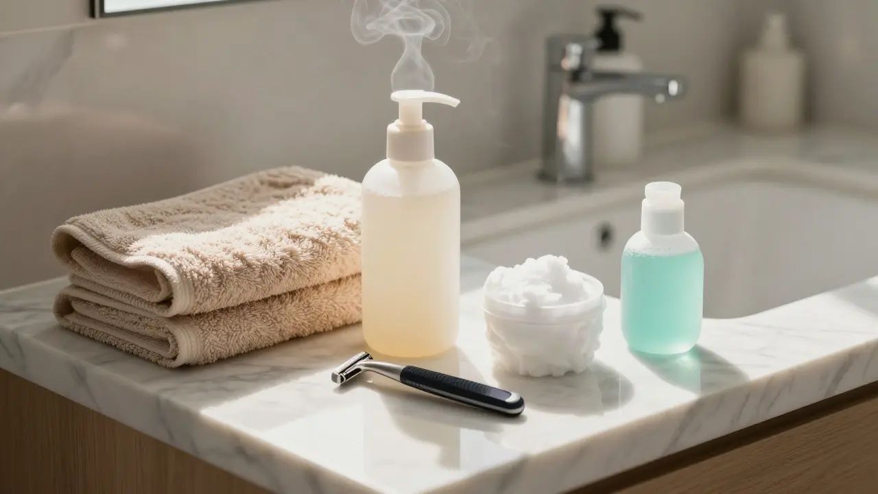 Příprava na holení: peeling, břitva a gel v koupelně
