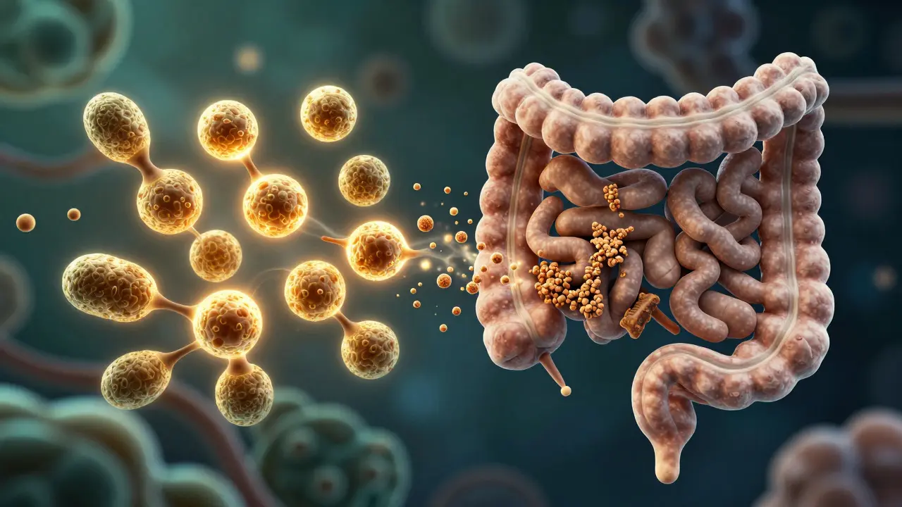 Abstraktní zobrazení spolupráce probiotik a vlákniny ve střevech