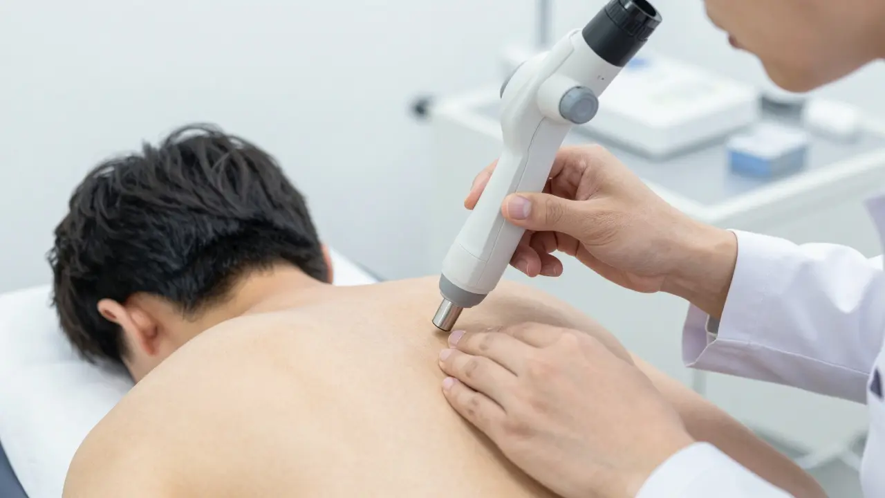 Dermatolog vyšetřuje molíček pomocí dermoskopu