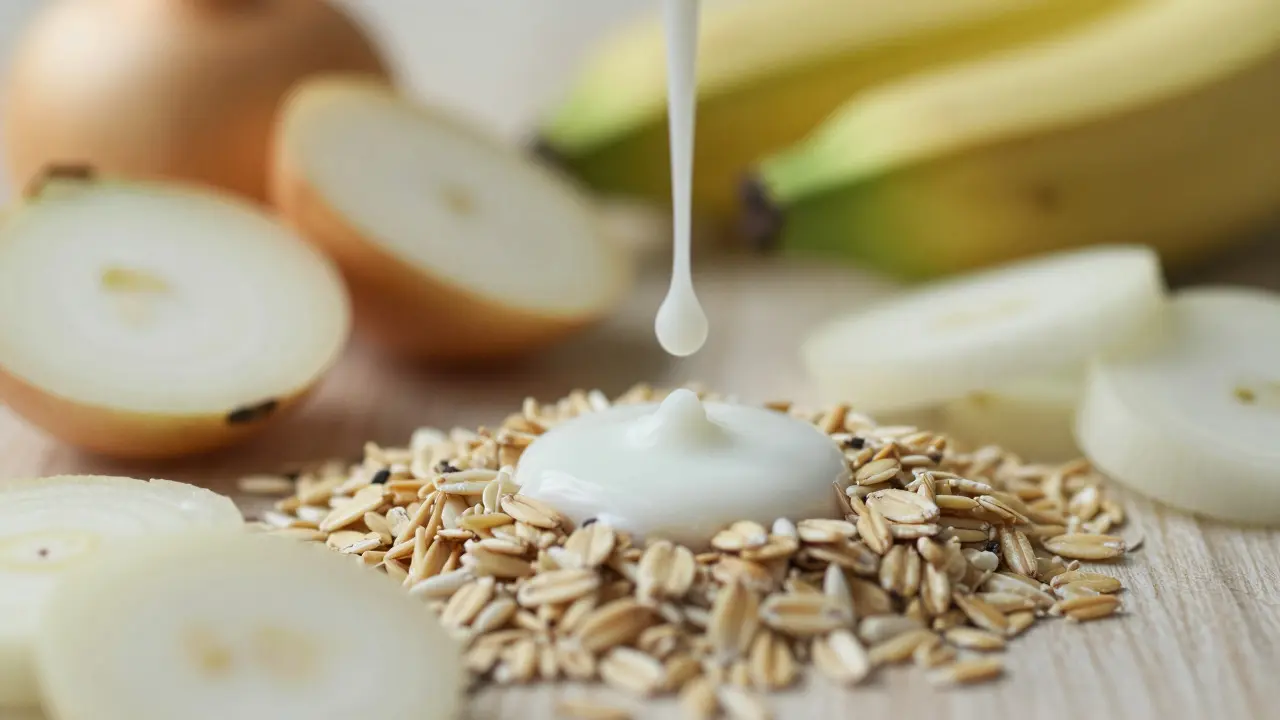 Mléčný produkt padající na oves a cibuli jako symbol symbiózy