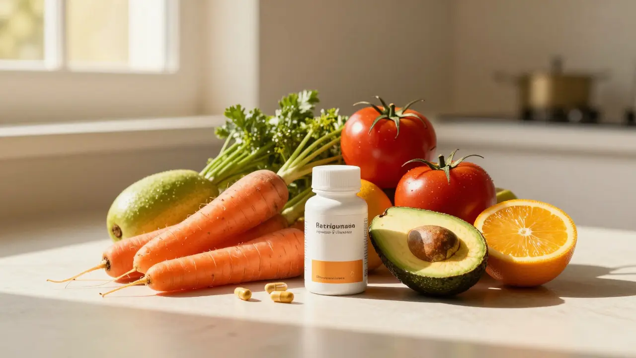 Ovoce, zelenina a lahvička s multivitamíny při teplém denním světle.