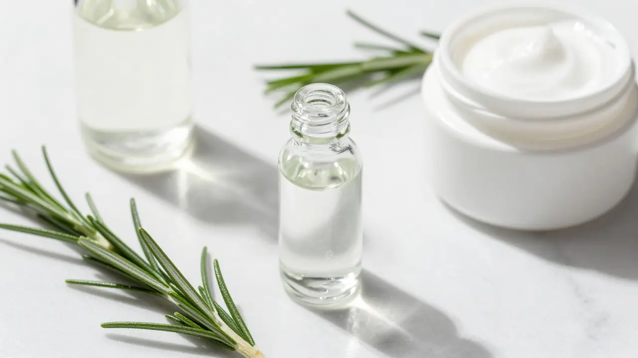 Přirozené ingredience pro péči o vlasy: rozmarýn a sérum na mramoru