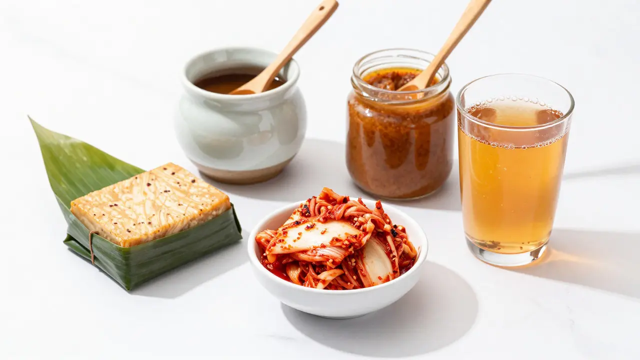 Různá fermentovaná jídla: kimchi, tempeh, miso a kombucha