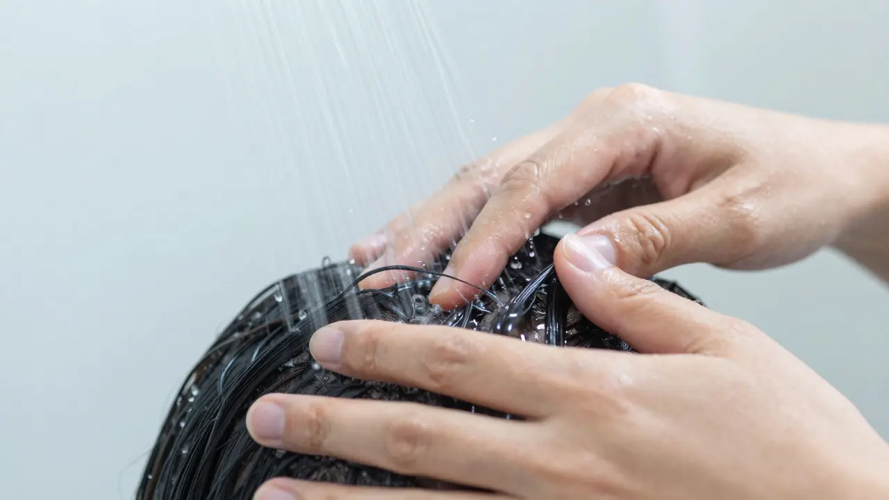 Záběr rukou masírujících pokožku hlavy pod proudem vody v sprše