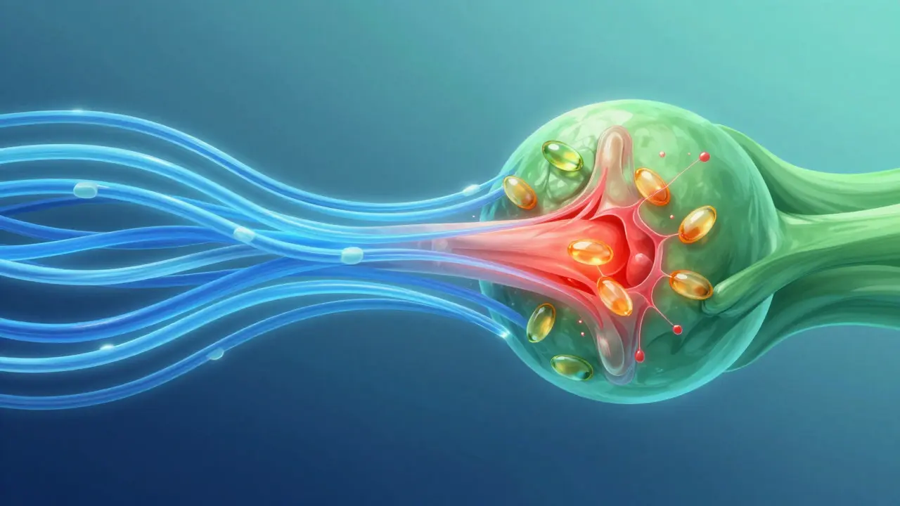 Abstraktní ilustrace: modré vlákna kolagenu a zelené vlny omega-3 tvoří harmonii