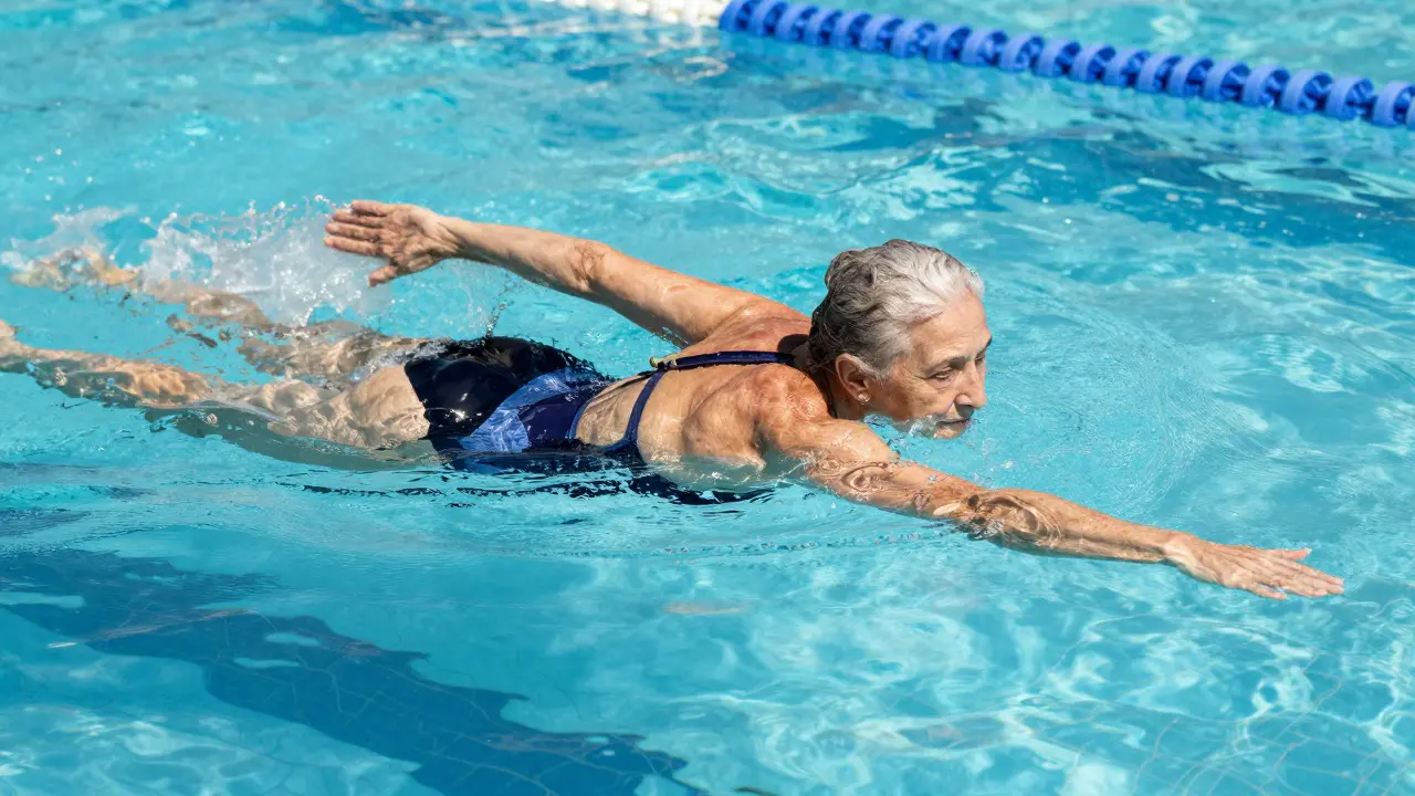 Aktivní seniorka plave v bazénu jako nízkodopadový sport