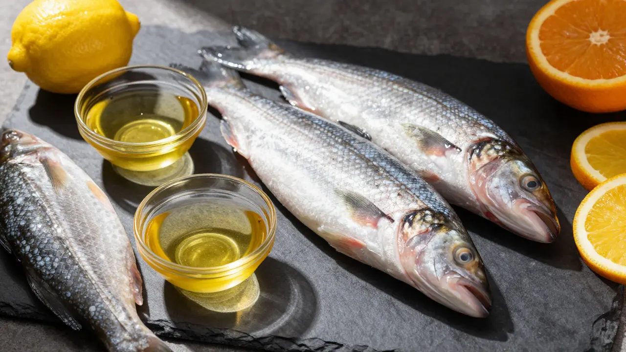 Čerstvé ryby a zlatý olej na tmavém podkladu symbolizující mořský kolagen a omega-3