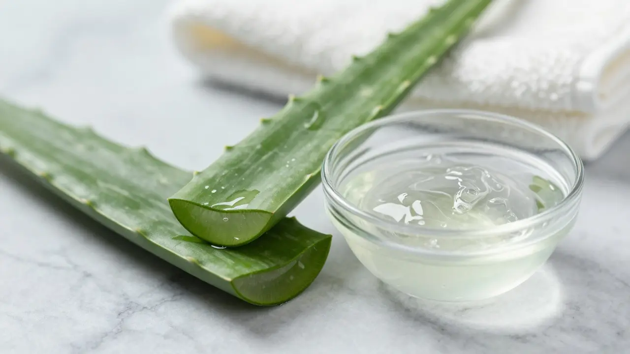 Čerstvý aloe vera gel na mramorové desce pro péči o pleť