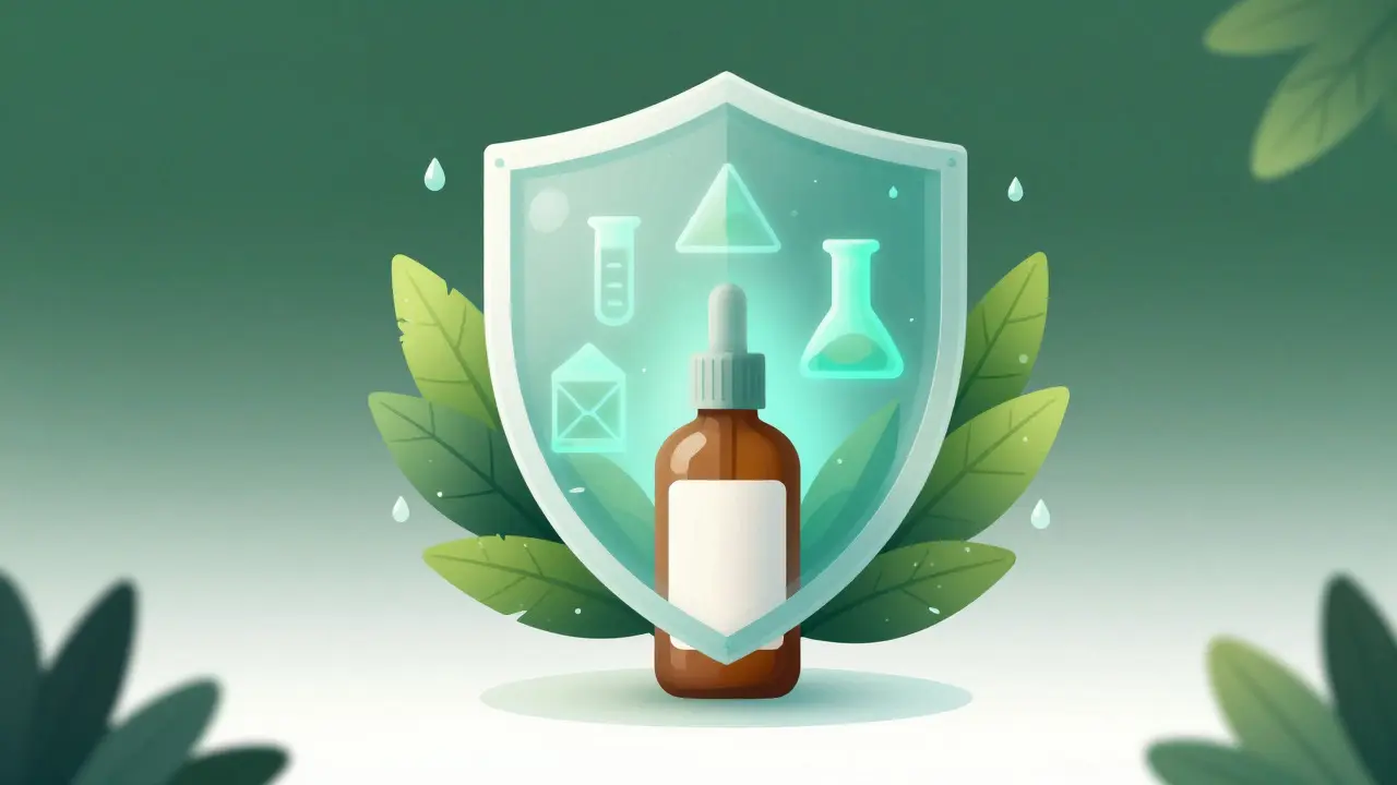 Konceptuální ilustrace štítu z listů chránícího kosmetický produkt