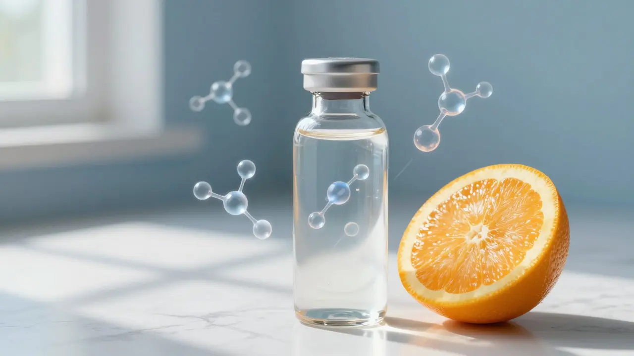 Lahvička s mořským kolagenem a citrusy symbolizující vstřebávání živin