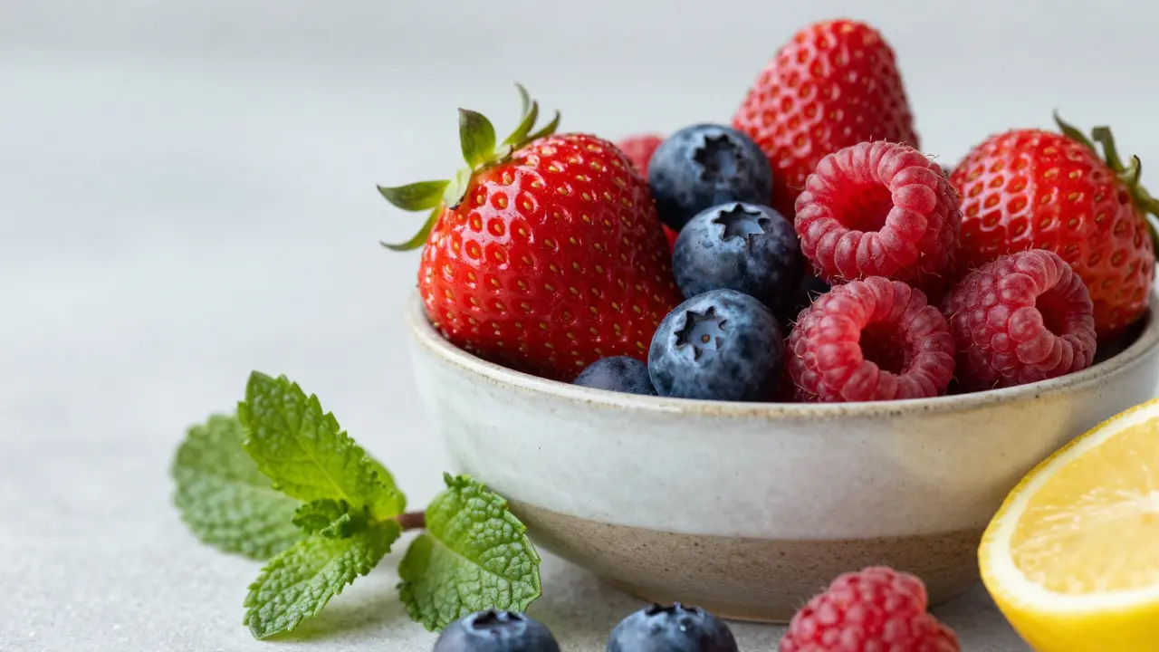 Miska se jahodami, borůvkami a malinami pro detoxikaci