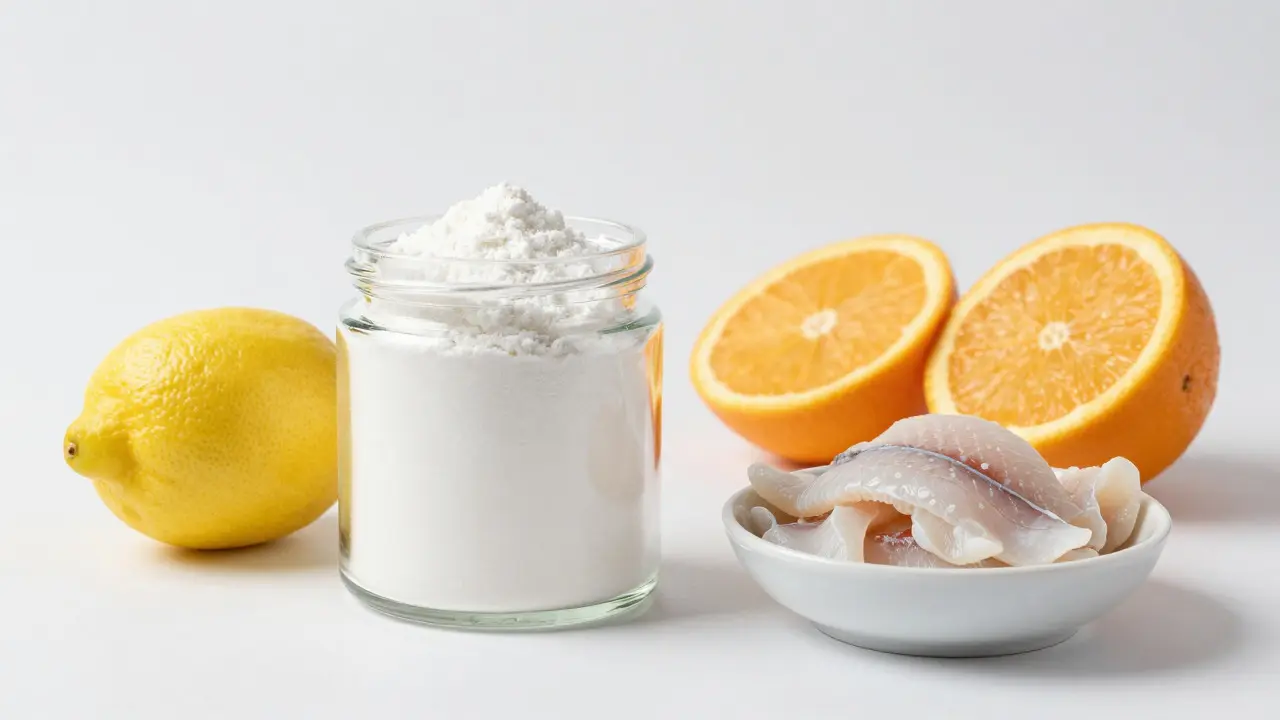Sklenice s bílým práškem kolagenu vedle čerstvých citronů a rybích produktů.