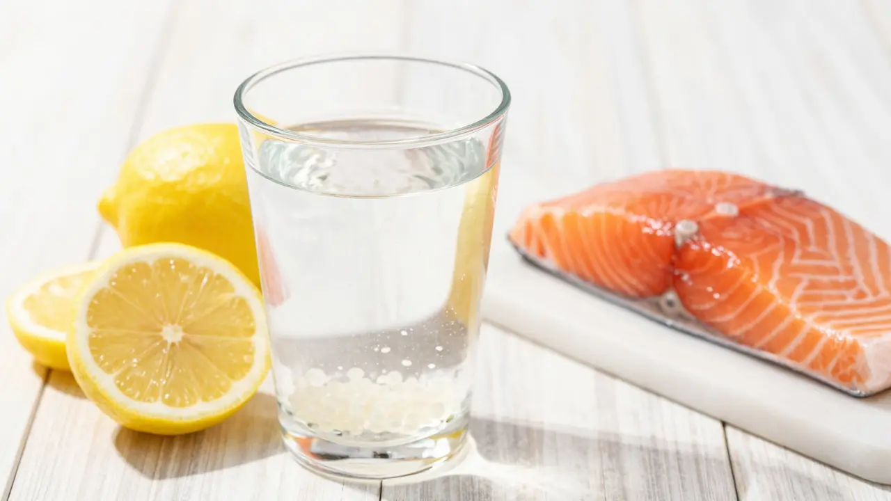 Sklo vody s rozpouštějícími se peptidy vedle čerstvého lososa a citronu