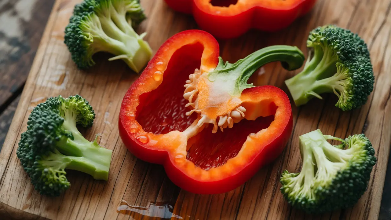 Čerstvá červená paprika a brokolice na dřevěném prkně jako zdroj vitamínu C