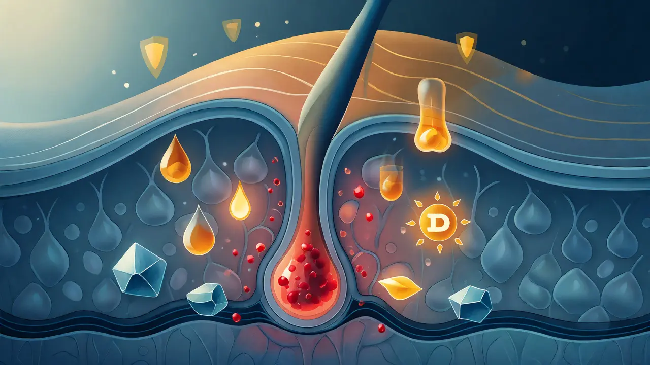 Ilustrace vlasového folikulu pod vlivem hormonů a živin