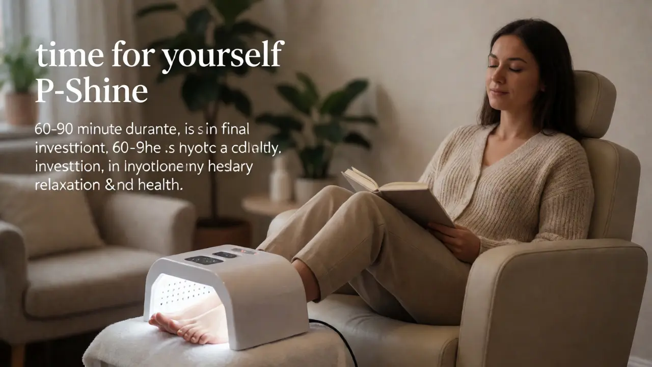 Klientka odpočívá s nohama v LED lampě po dokončení pedikúry
