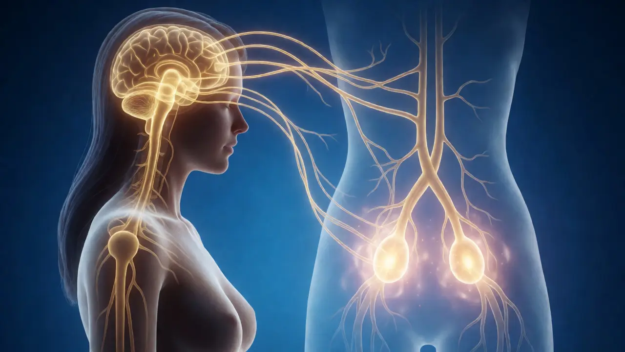 Konceptuální ilustrace návratu hormonální rovnováhy v těle ženy
