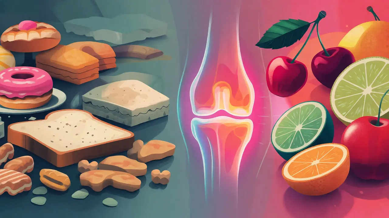 Konceptuální ilustrace porovnávající zánětlivé a protizánětlivé potraviny