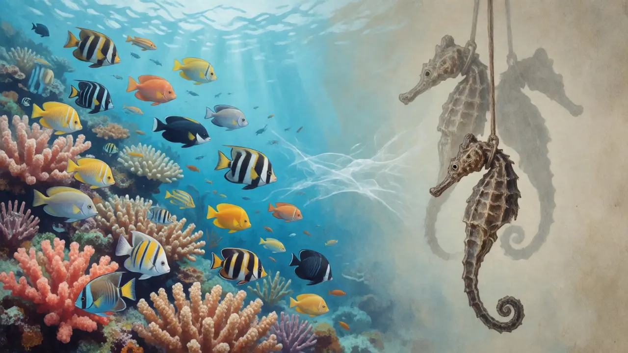 Konceptuální ilustrace spojující korálový útes s tradičními sušenými koníky