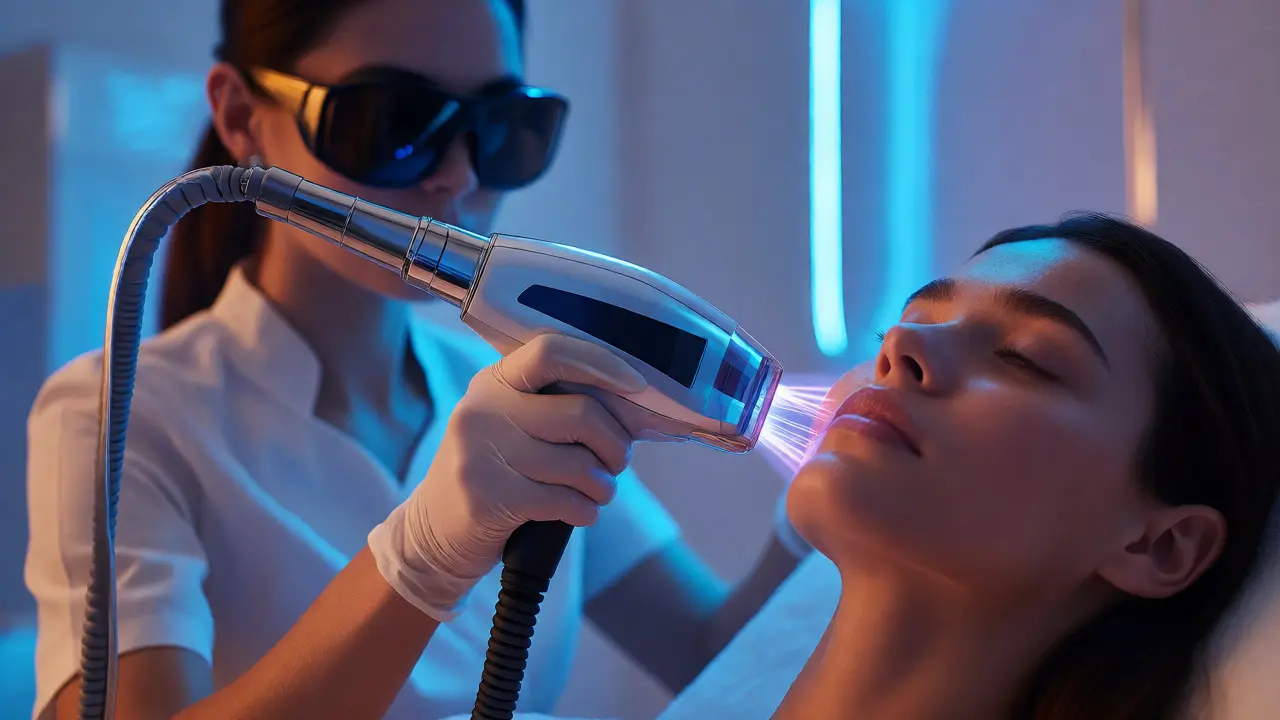 Laserová epilace obličeje v moderní klinice s modrým osvětlením
