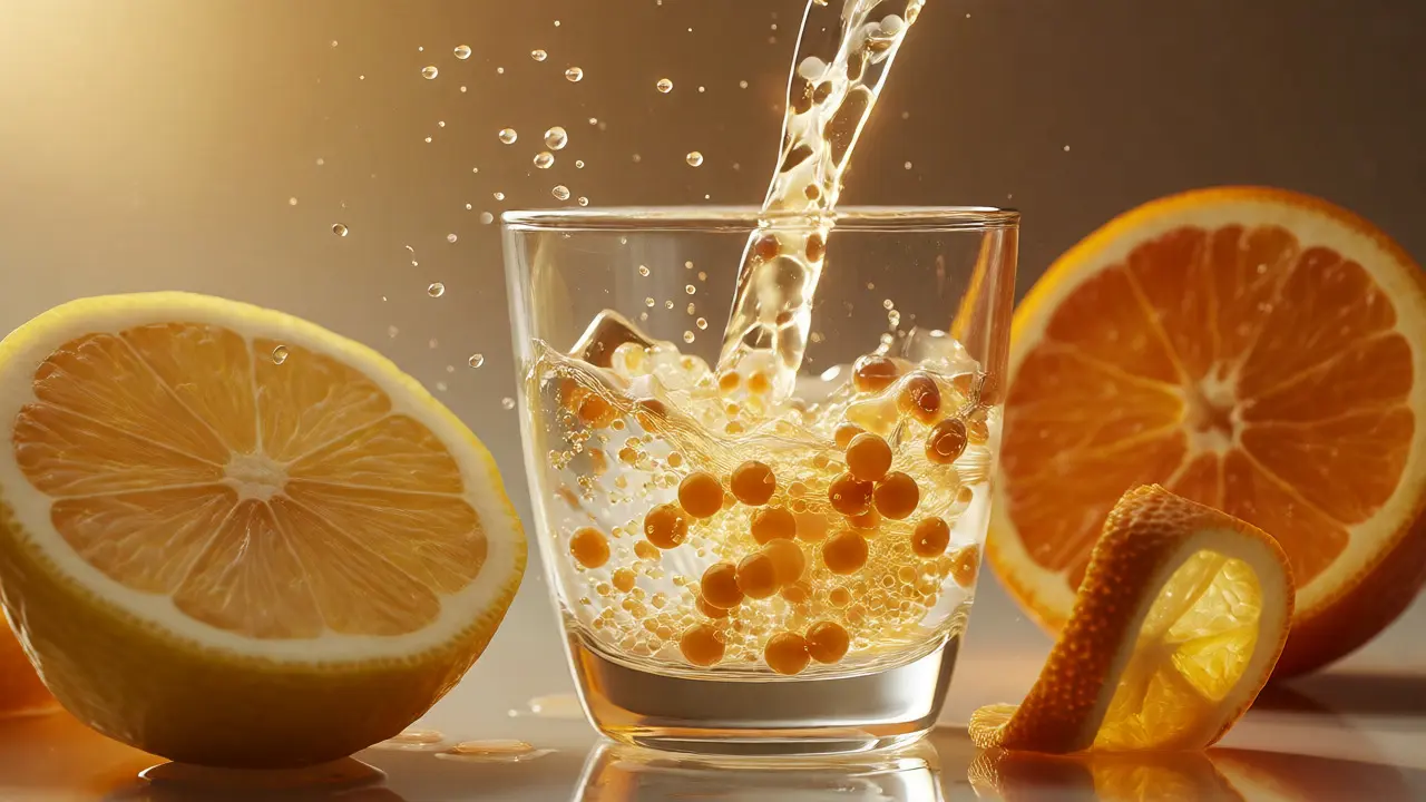 Makro záběr na míchání kolagenu s vitaminem C a citrusovými plody pro lepší absorpci.