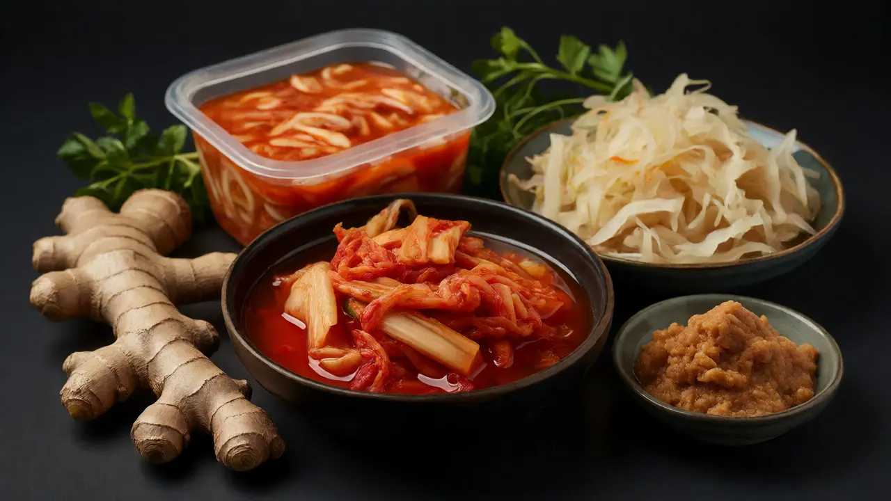 Miska kimchi, kysaného zelí a miso pasty jako zdroj probiotik.