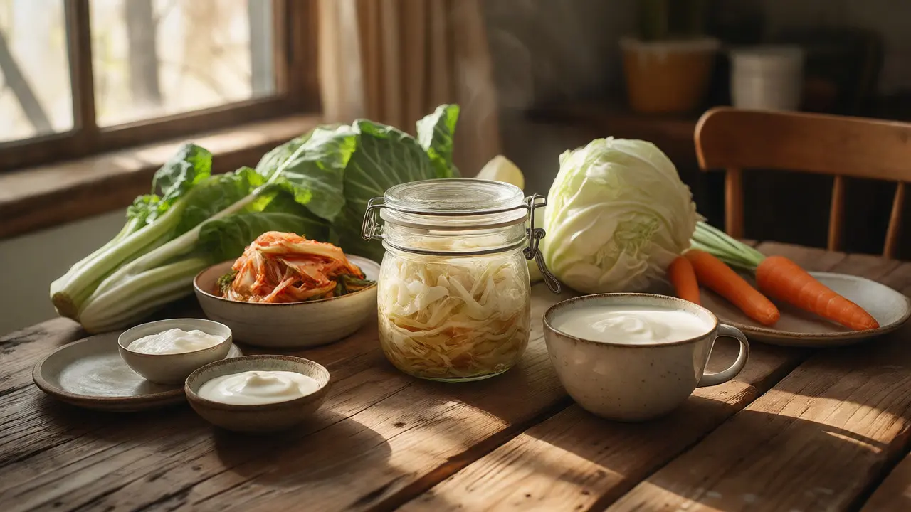 Rustikální stůl s fermentovanými potravinami jako kefír, kimchi a kysané zelí.
