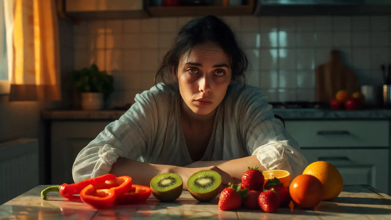 Unavená žena sedící u stolu s čerstvým ovocem a zeleninou bohatou na vitamín C