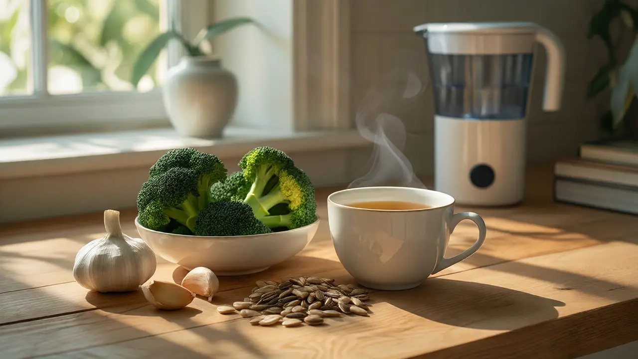 Zdravé potraviny pro detoxikaci, včetně brokolice a česneku, osvětlené ranním sluncem.