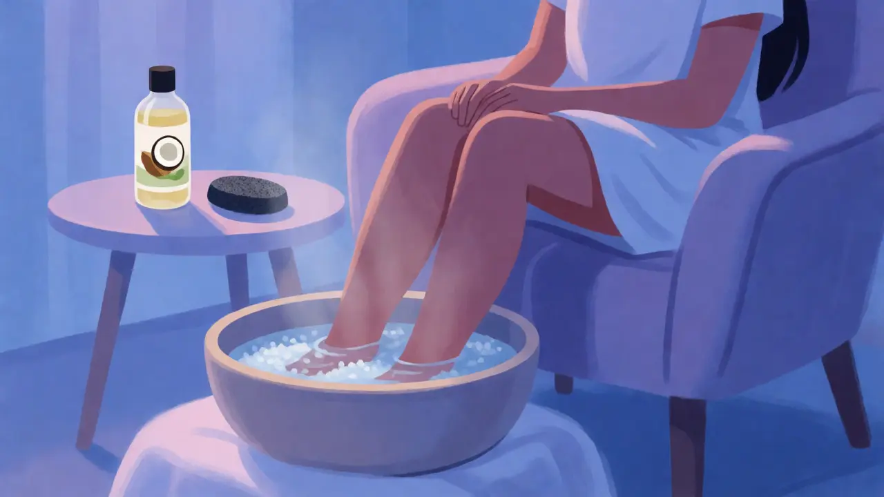Žena relaxuje při koupeli nohou s epsomskou solí