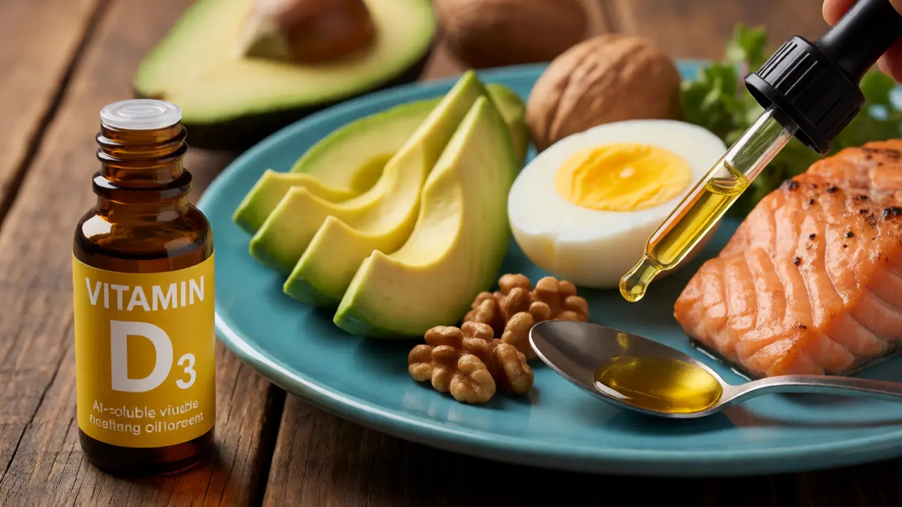 Zlaté kapky vitamínu D vedle avokáda, vajec a lososa na dřevěném stole