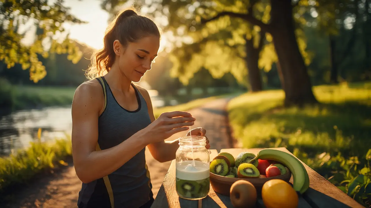 Běžec připravuje ranní smoothie s kolagenem v parku