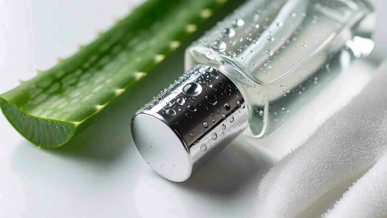 Makro fotografie pleťové péče po holení s aloe vera a zklidňujícím krémem.