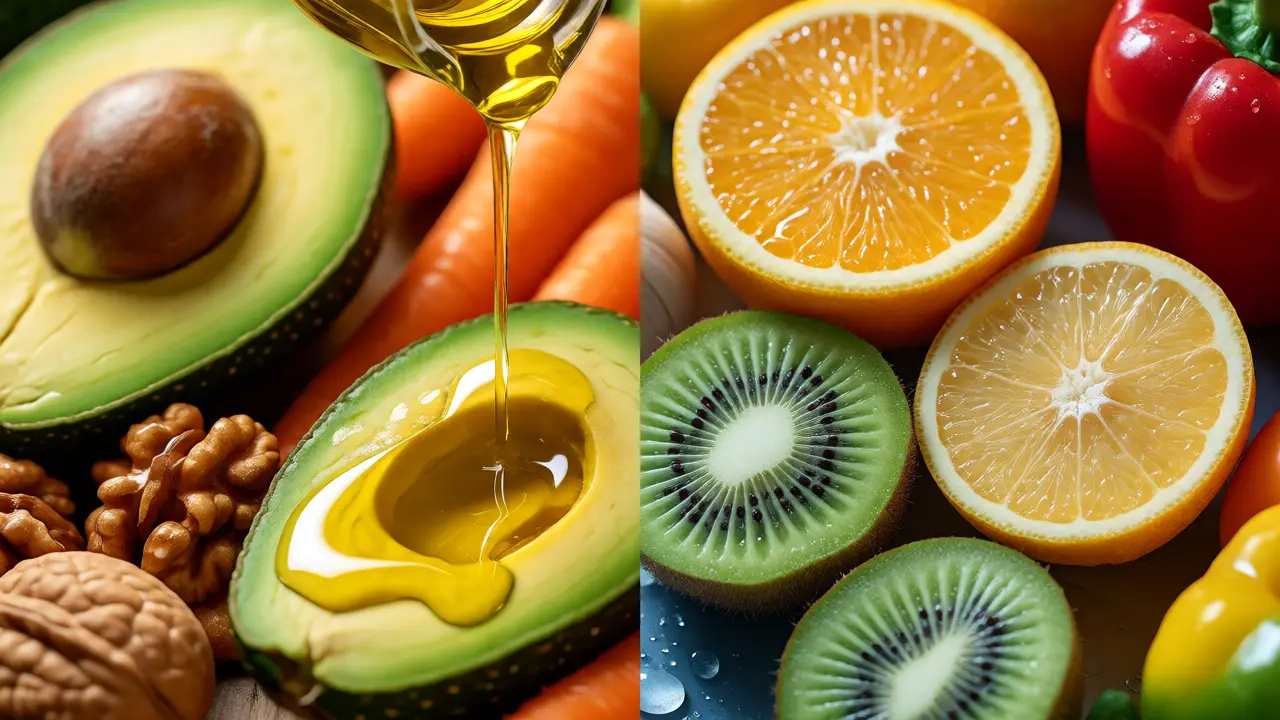 Porovnání avokáda a ořechů s citrusy pro rozpustnost vitamínů