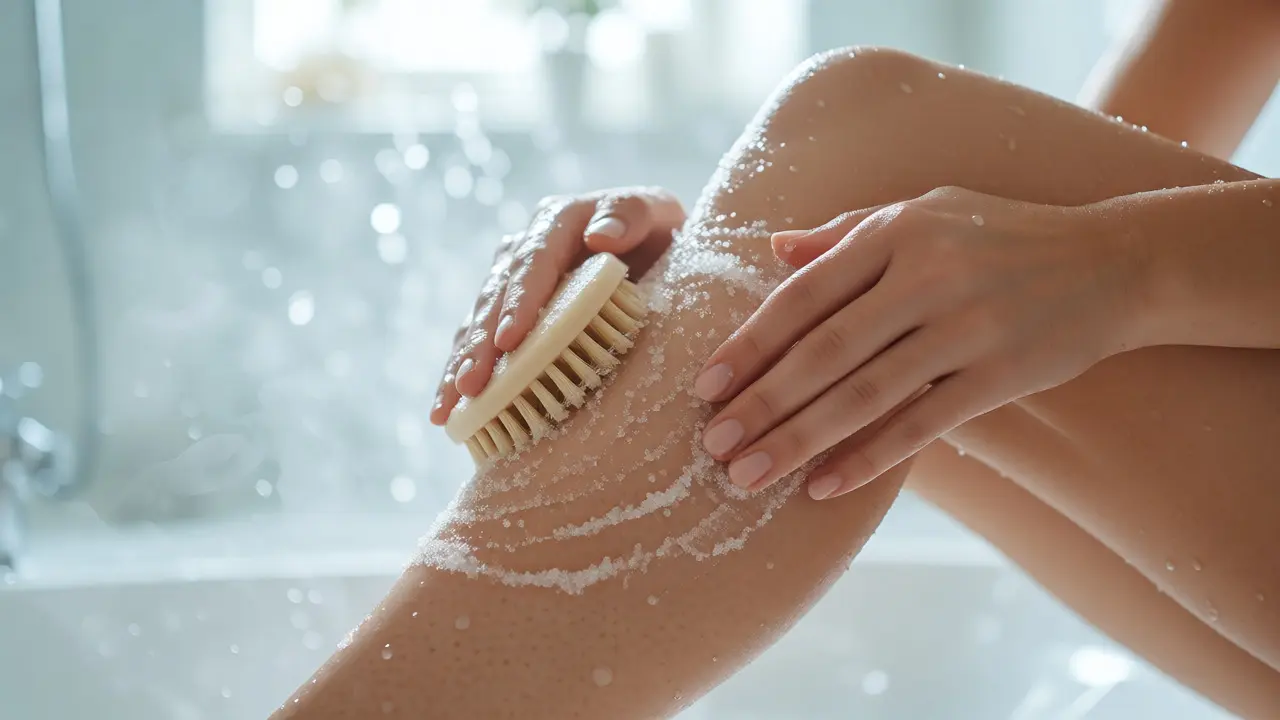 Žena jemně exfoliuje pokožku nohou peelingem v páře sprchy pro prevenci zarůstání